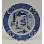 Antique Chinese blue and white hand painted plate with interior scene the reverse also painted
