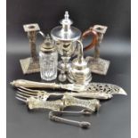 A pair of silver candlesticks, Old Sheffield Argyle, etc.