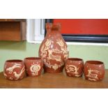 19th Century terracotta slipware cider set - jug and four cups
