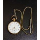 An 18k gold cased pocket watch, white enamel secondary dial with Arabic numerals, 3.5cm diameter, gr