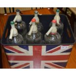 Six vintage soda syphons Schweppes, Britvic etc in a Union Jack box