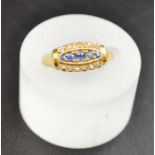 An 18ct gold ring, set a line of five sapphires between two lines of diamonds, gross weight 2.9g, ri