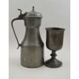 A Georgian design pewter tappit hen, with hinged lid 30cm high, together with a pewter goblet