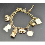 A 9ct gold charm bracelet, bearing 9ct gold and yellow metal charms, including a whistle, car, eleph