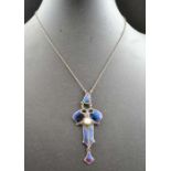 Charles Horner, An Art Nouveau pendant on chain, enamelled silver, with a central pearl, Chester 190
