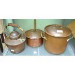 Two copper pans and a copper kettle