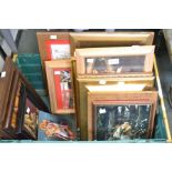 A crate of framed pictures and prints Pre-Raphaelite and historical figures