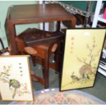 Oriental nest of two tables and two silk pictures of peacocks