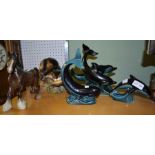 Sylvan otter, Beswick cart horse & three Poole dolphins/whales