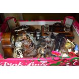 A box of domestic items to include, antique desktop standish, mantle timepiece, pair of carved Orien