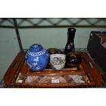 Two butterfly wing trays and other oriental items