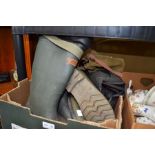 A box containing various fishing waterproof boots - "Sundridge wellies size 9 with fleece lined