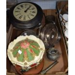 Two boxes of domestic metalwares to include large copper kettle, wall clock & a carousel