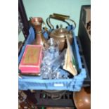 A small box containing a selection of copper and glassware to include darts