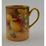 A Royal Worcester bone china Christening mug, hand painted fruit decoration by Roberts, gilded handl