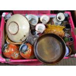 A box of mixed pottery & porcelain to include a Moorcroft squat vase, pair of lustre vases & an oak