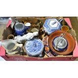 A box of various porcelain and pottery items, Bulgarian slipware bowl, Victorian gothic style jug