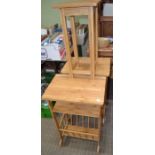 A pair of pine two tier side tables with magazine storage base and another small pine side table