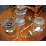 Tilley lamp, Primus stove and a converted gas wall lamp with shade