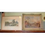 A Victorian watercolour of a punt on a river - unsigned, together with a French canvas