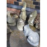Five stone and cast garden animals, rabbit, duck, horse, cat and hedgehog