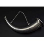 Mappin & Webb, a novelty silver crescent form hunting horn, with chain suspension, London 1923, 12cm