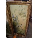 Two gilt frames avian oils on canvas and a 19th century framed mirror