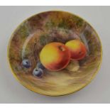 A Royal Worcester bone china pin dish, hand painted fruit decoration by David Bowkett, 10cm dia
