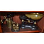 A pair of Robert Welch kitchen scales, together with weights together with a brass blowtorch & a bra