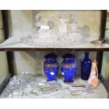 Cut glass dressing table set, pair of lidded blue glass jars etc