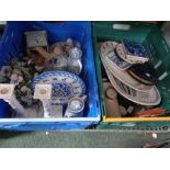 Two crates containing a selection of domestic china, glass lamp etc