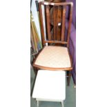 An Edwardian inlaid bedroom chair, together with white painted stool and folding cake stand