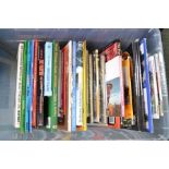 A plastic crate of books relating to buses, fairground transport, etc.