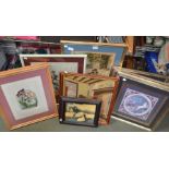 A selection of framed pictures and prints including a tapestry