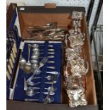 A selection of cutlery various & two small table candelabra