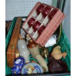 A box of mixed household items to include ceramic shoes etc