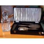 Cased HM silver backed dressing table set together with a decanter and stopper
