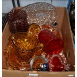 A box of domestic glassware the majority coloured