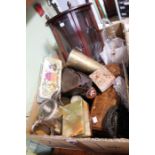 A box containing a selection of collectable and useful items, includes a miniature wooden cabinet