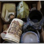 A small box of collectable pottery wares, to include Royal Doulton, Poole pottery & model dwellings