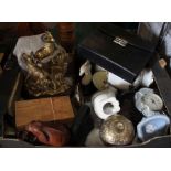 Brass group of mountain goats with a box of various domestic items/collectables