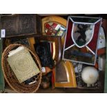 A box of collectable domestic items, to include Heraldic shield plaques, table casket, etc