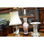Two decorative porcelain table lamps and a porcelain table stand