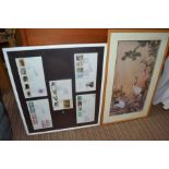 A signed Japanese picture of two cranes and five framed first day covers