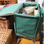 "Efgeeco" metal framed and green nylon seat box full of tackle