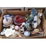 Assorted ceramics, includes a fish, Staffordshire pottery, etc.