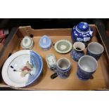 A quantity of ceramics, includes, a blue and white prunus patterned ginger jar and cover, Wedgwood,