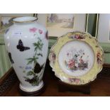 Butterfly decorated vase on stand together with a Victorian plate on stand