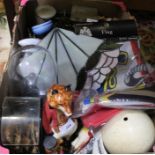 A box containing model foxes, model aircraft, postal scales & weights, Art Deco design table light