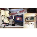 A small box containing costume jewellery, wristwatches & associated items